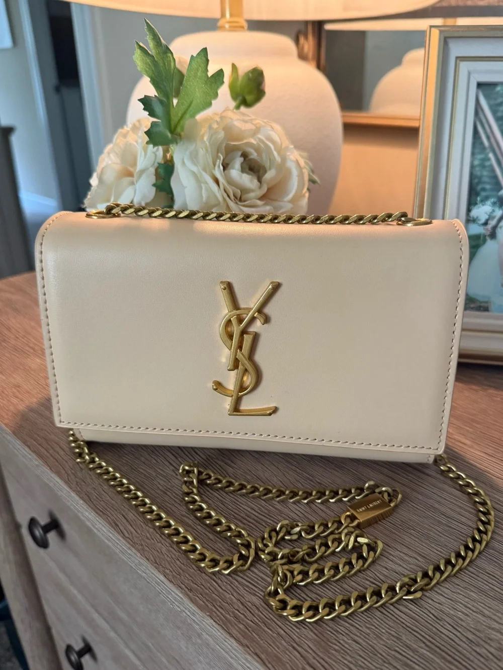 Saint Laurent Nude Beige Leather Chain Crossbody Wallet